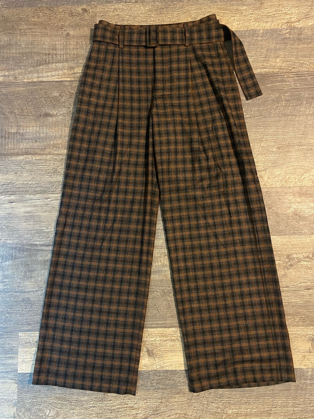 VINCE Italian Wool-Blend Pleated Wide-Leg Trouser Brown Plaid Checkered Pants 6